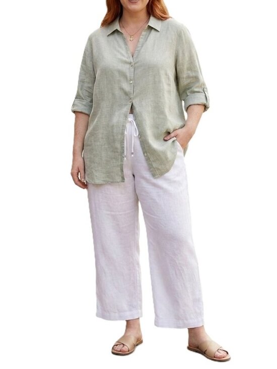 Sigrid Olsen Tops - SIGRID OLSEN 100% Linen Shirt 1X Sage Green Button Roll Tab Sleeve Blouse